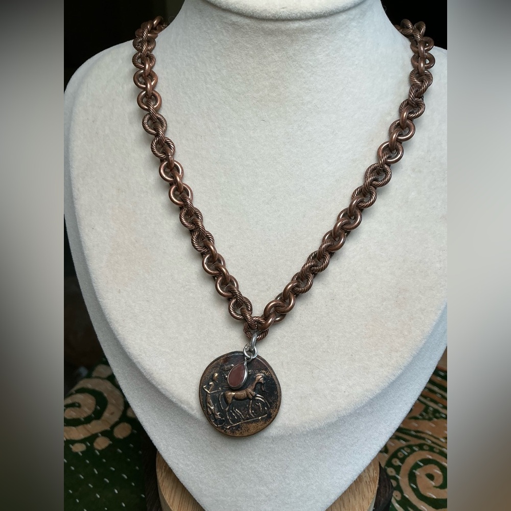 Copper Chain 18” with Vintage Greek Coin and Chocolate Moonstone Charm